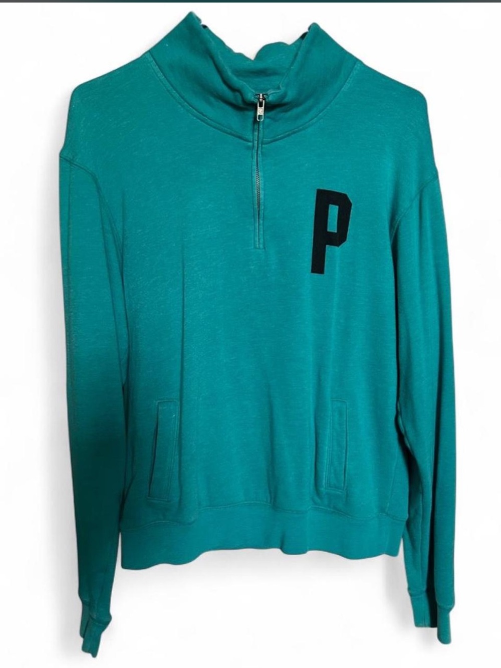 Victoria's Secret PINK Teal Half-Zip Sweatshirt with Black 'P' Logo